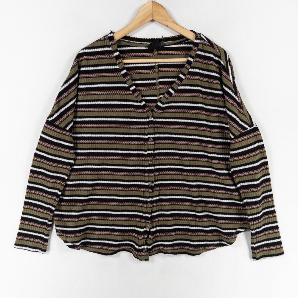 UO Out From Under Shirt Medium Oversized Waffle Knit Thermal Button Up Striped